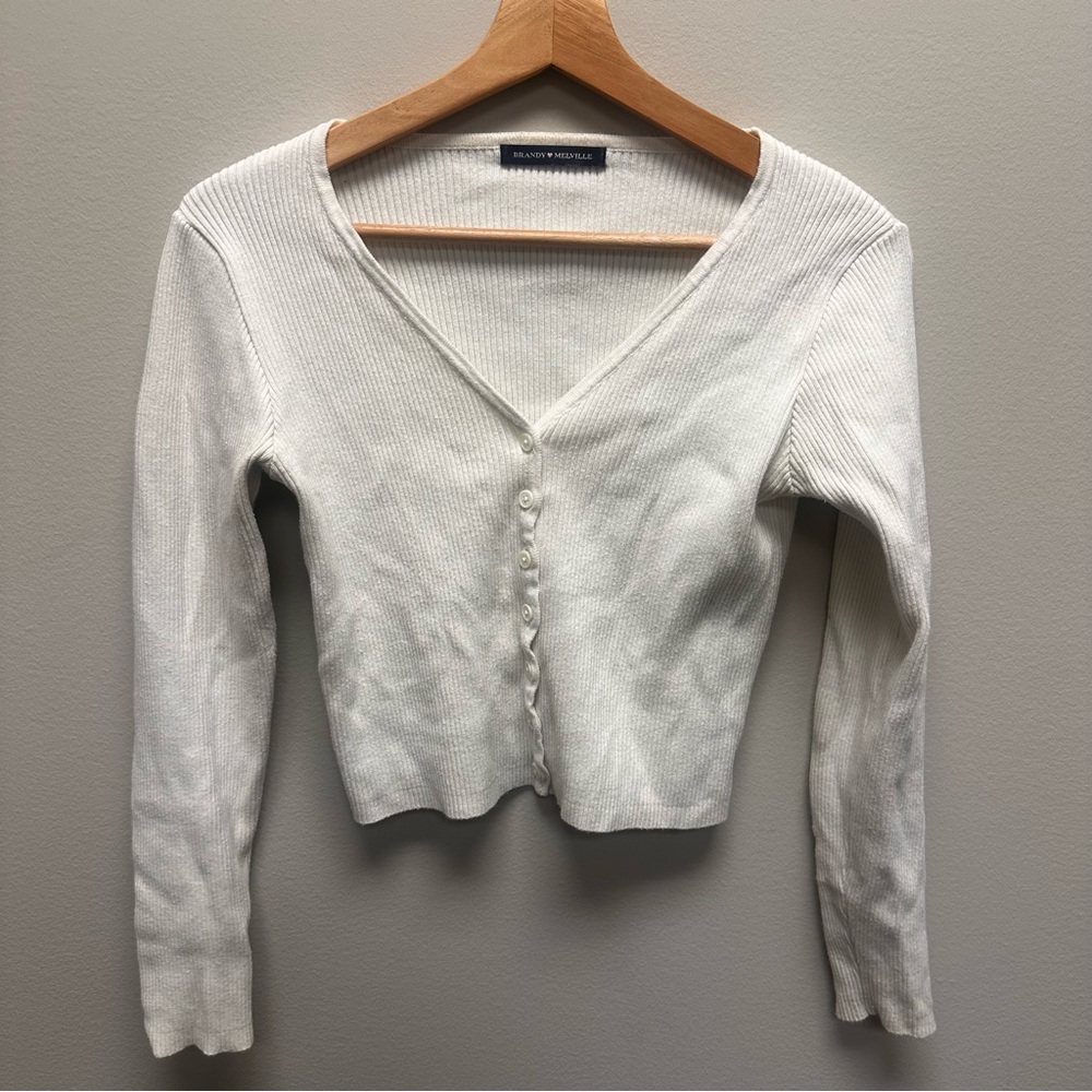 Brandy Melville Cream Ribbed Knit L/S Button Top Shirt Womens Size XS